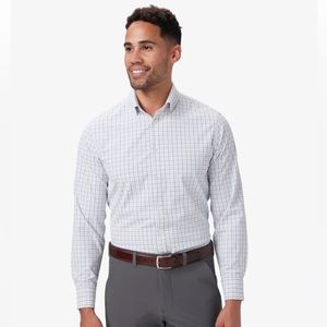 Mizzen + Main performance dress shirt in white / charcoal / blue plaid